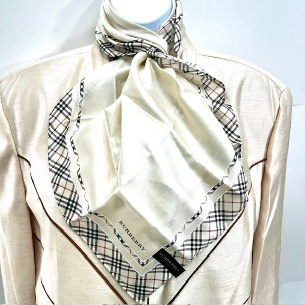 New Tag Men/Women Burberrys  Miniscarf/handker 23"Cotton/Silk Beige Gray Nova(10 - Picture 2 of 9